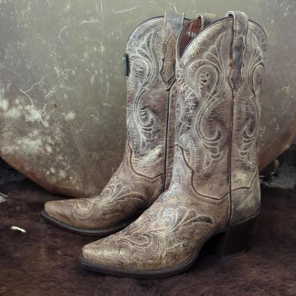 DAN POST DPZ300 "Falcon" tan el paso distressed leather cowgirl boots snip toe 7